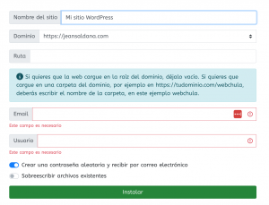 instalar wordpress webempresa automático
